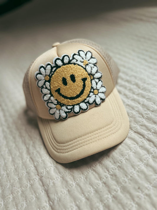 Smiley Daisy Patch Trucker Hat